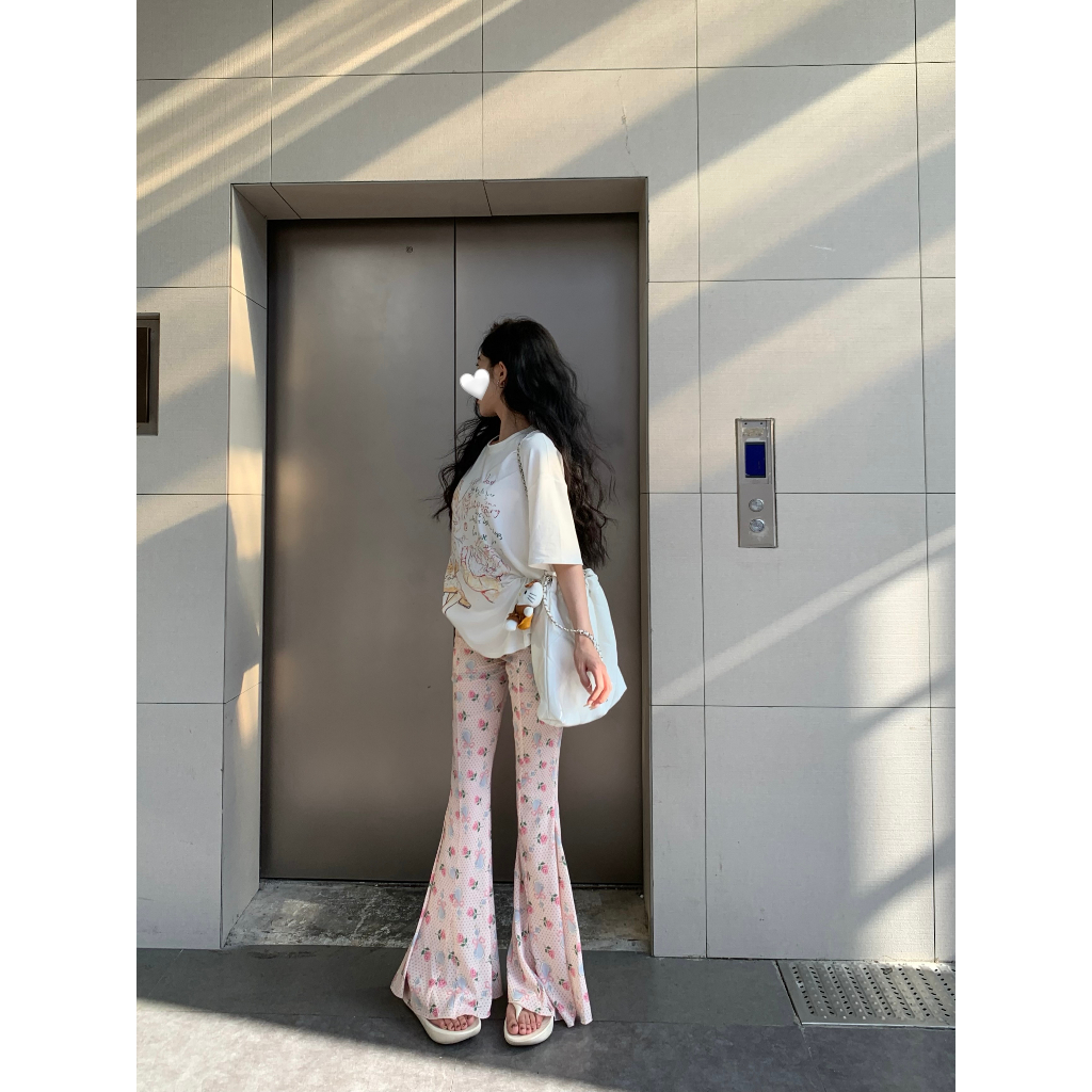 Set Áo Thun Trắng Ngắn Tay In Hình + Quần Dài Lưng Cao Thời Trang Nữ