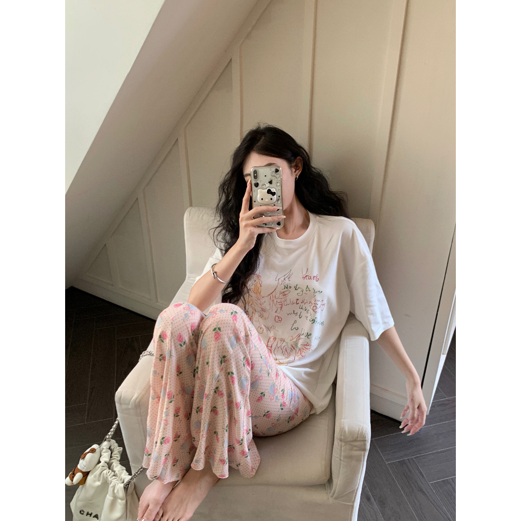 Set Áo Thun Trắng Ngắn Tay In Hình + Quần Dài Lưng Cao Thời Trang Nữ