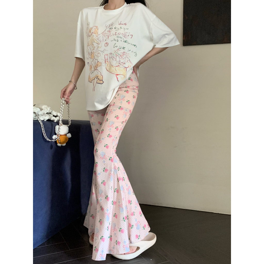 Set Áo Thun Trắng Ngắn Tay In Hình + Quần Dài Lưng Cao Thời Trang Nữ