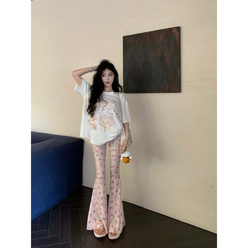 Set Áo Thun Trắng Ngắn Tay In Hình + Quần Dài Lưng Cao Thời Trang Nữ