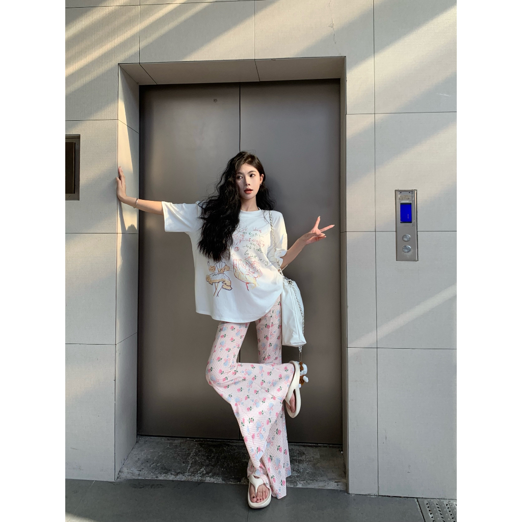 Set Áo Thun Trắng Ngắn Tay In Hình + Quần Dài Lưng Cao Thời Trang Nữ