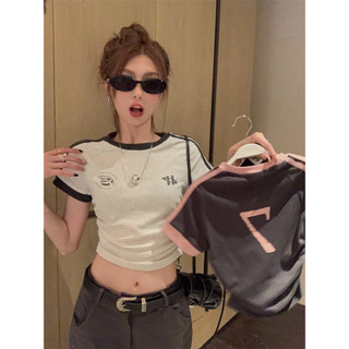 Show thin contrast color printing cultivate one's morality short sleeve T-shirt short jacket that show hilum