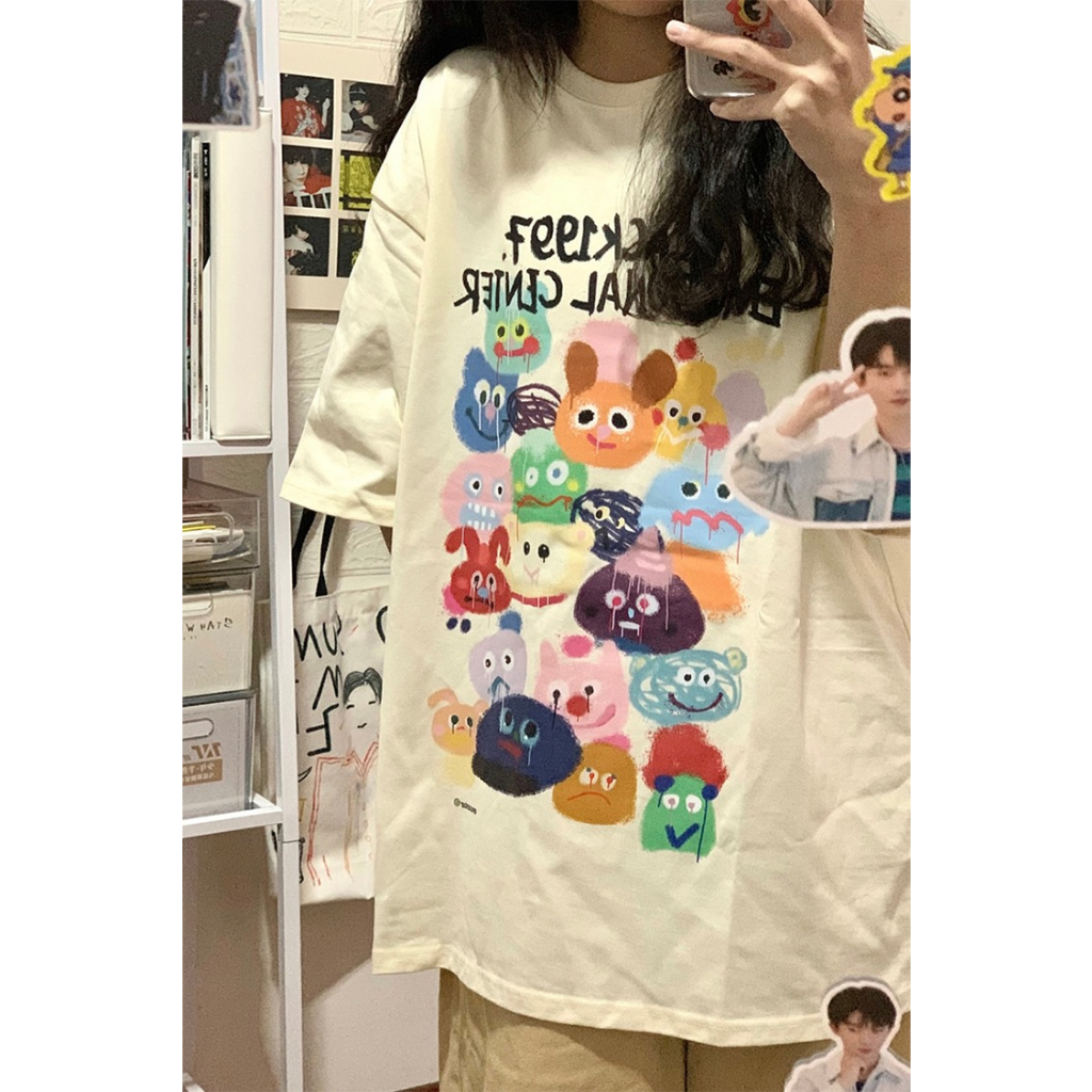 Áo Thun Cotton Tay Ngắn Dáng Rộng In Hình Trẻ Trung Hợp Thời Trang Cho Bạn Gái