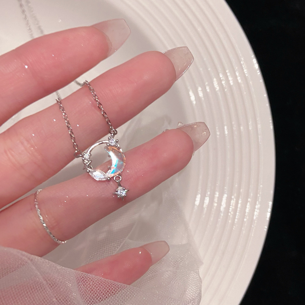 Vòng cổ Mạ Bạc 925 Mặt Trăng Và Ngôi Sao Đính Đá Zircon