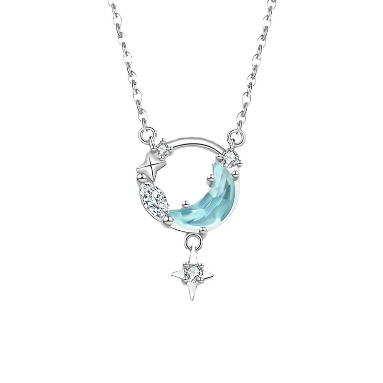 Vòng cổ Mạ Bạc 925 Mặt Trăng Và Ngôi Sao Đính Đá Zircon