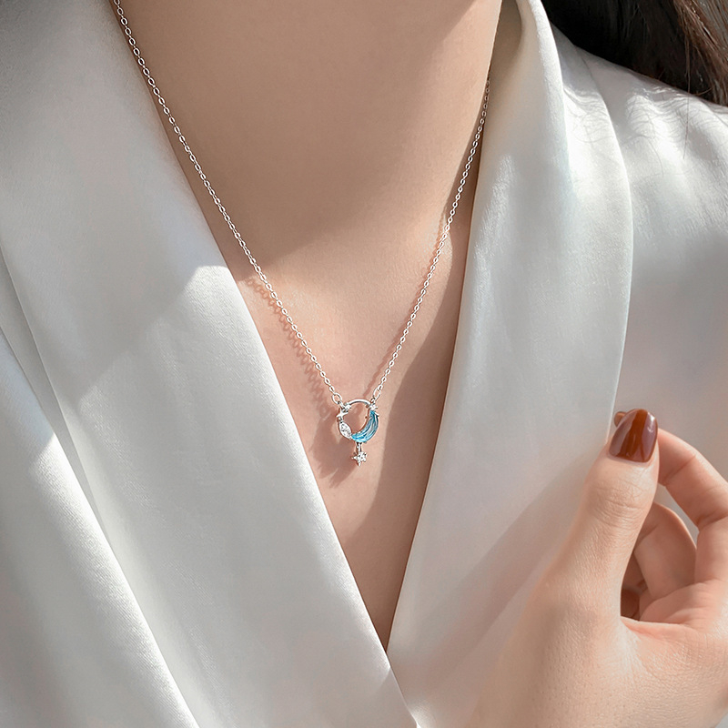 Vòng cổ Mạ Bạc 925 Mặt Trăng Và Ngôi Sao Đính Đá Zircon