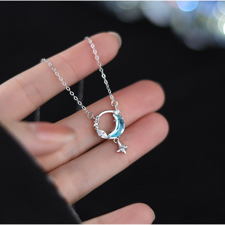 Vòng cổ Mạ Bạc 925 Mặt Trăng Và Ngôi Sao Đính Đá Zircon