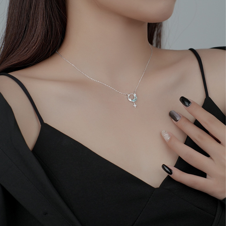 Vòng cổ Mạ Bạc 925 Mặt Trăng Và Ngôi Sao Đính Đá Zircon