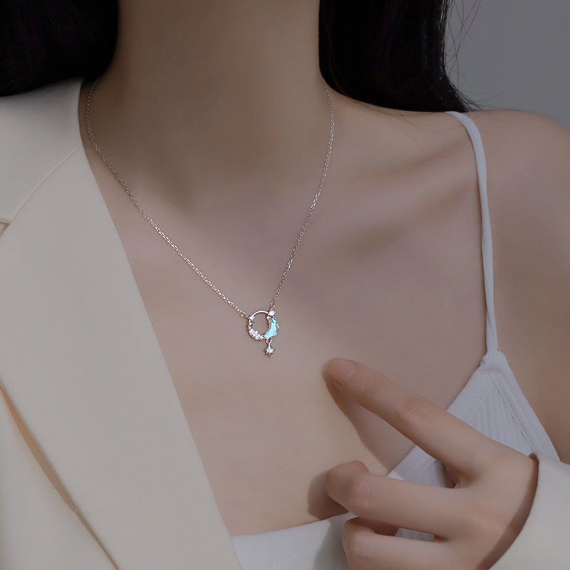 Vòng cổ Mạ Bạc 925 Mặt Trăng Và Ngôi Sao Đính Đá Zircon