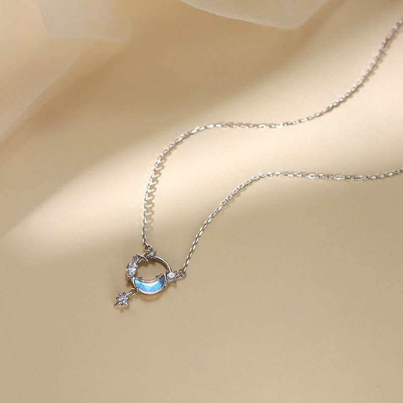 Vòng cổ Mạ Bạc 925 Mặt Trăng Và Ngôi Sao Đính Đá Zircon