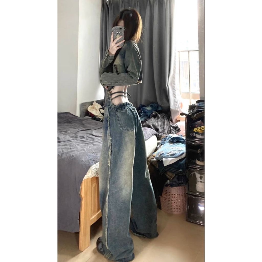 Quần Jean Ống Rộng Phong Cách Retro Đường Phố Mỹ Cho Nữ