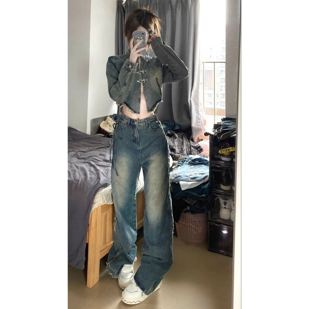Quần Jean Ống Rộng Phong Cách Retro Đường Phố Mỹ Cho Nữ