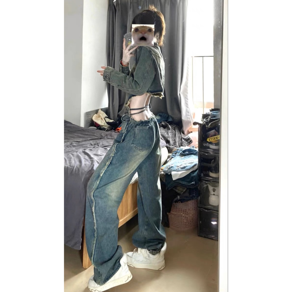 Quần Jean Ống Rộng Phong Cách Retro Đường Phố Mỹ Cho Nữ