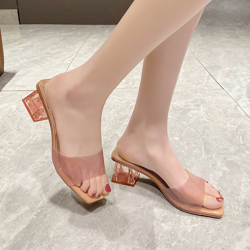 Prowow❤Dép Cao Gót Mũi Vuông Quai Trong Suốt Thời Trang Dành Cho Nữ