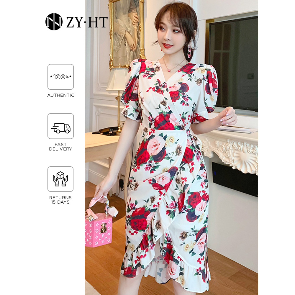 ZYHT Đầm Cổ Chữ V Thắt Phồng In Họa Tiết Hoa Phong Cách Mới Dành Cho Nữ 4770