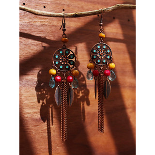 Bông tai dáng dài phối lông vũ phong cách boho thời trang