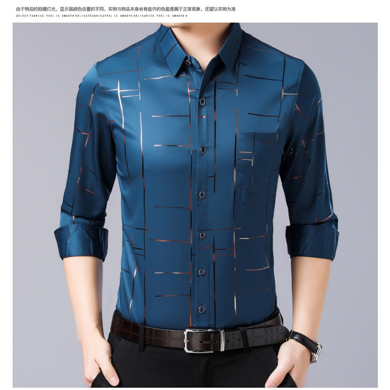 Áo Sơ Mi Lụa Lạnh Không Đường May Tay Ngắn Phối Túi Thời Trang Công Sở Cho Nam Giới