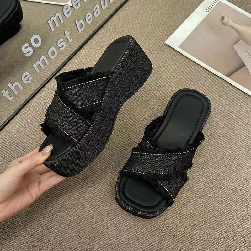 Dép Nhân Tự Kéo Nữ Denim Vải Dày Mùa Hè Mặc Thời Trang Bên Ngoài