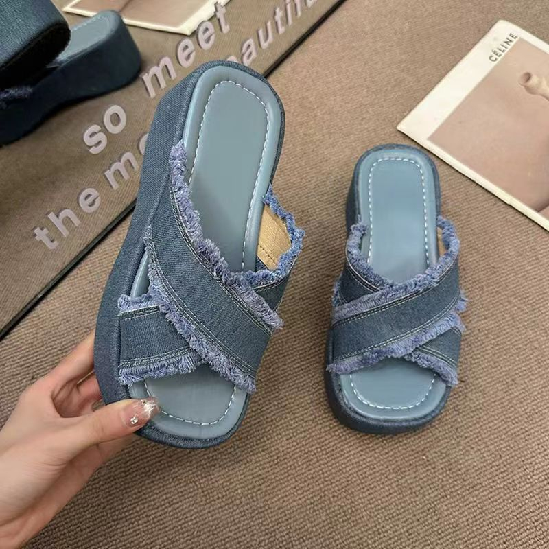Dép Nhân Tự Kéo Nữ Denim Vải Dày Mùa Hè Mặc Thời Trang Bên Ngoài