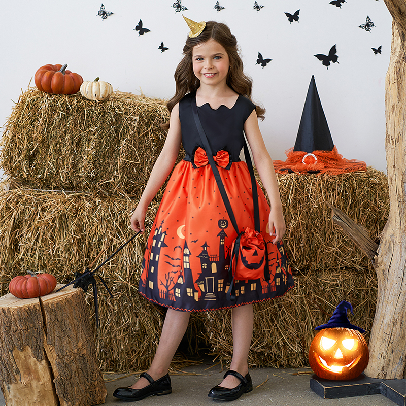 Đầm Hóa Trang Halloween In Họa Tiết Bí Ngô Kèm Túi Đựng Cho Bé Gái