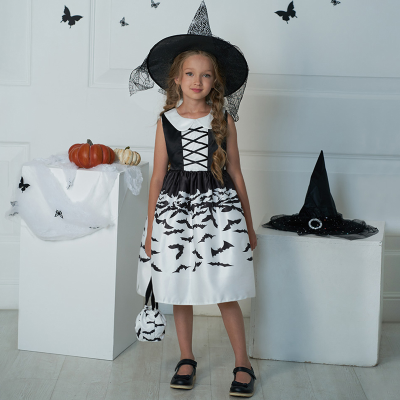 Đầm Hóa Trang Halloween In Họa Tiết Bí Ngô Kèm Túi Đựng Cho Bé Gái