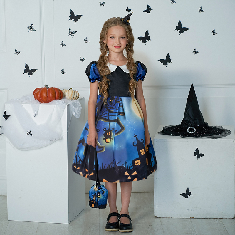 Đầm Hóa Trang Halloween In Họa Tiết Bí Ngô Kèm Túi Đựng Cho Bé Gái