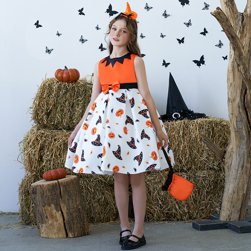 Đầm Hóa Trang Halloween In Họa Tiết Bí Ngô Kèm Túi Đựng Cho Bé Gái