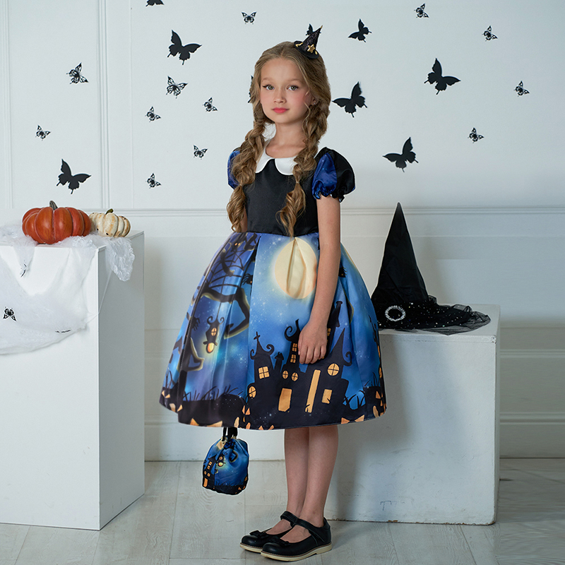 Đầm Hóa Trang Halloween In Họa Tiết Bí Ngô Kèm Túi Đựng Cho Bé Gái