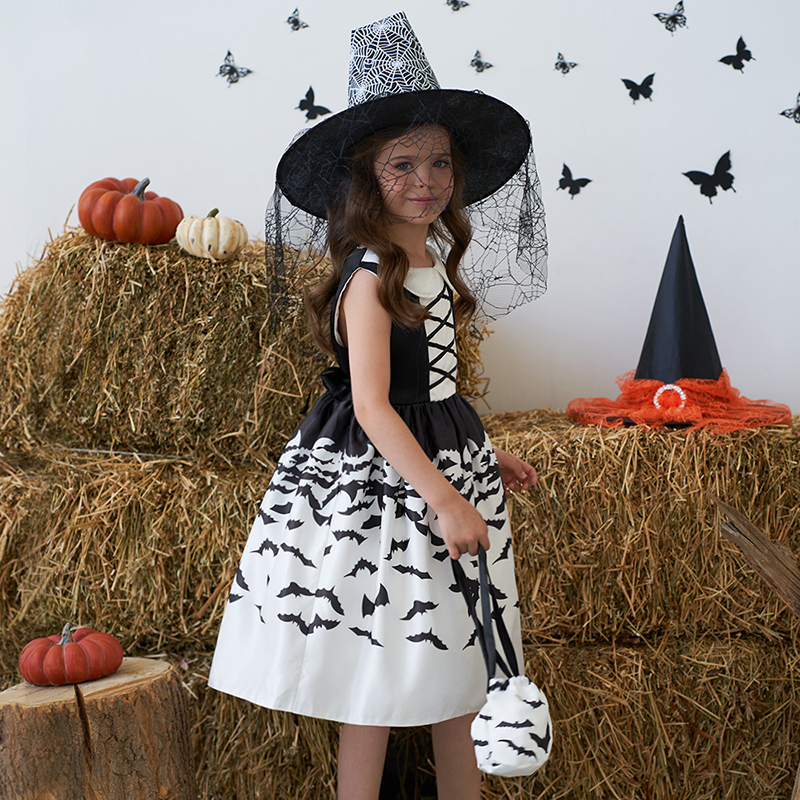 Đầm Hóa Trang Halloween In Họa Tiết Bí Ngô Kèm Túi Đựng Cho Bé Gái