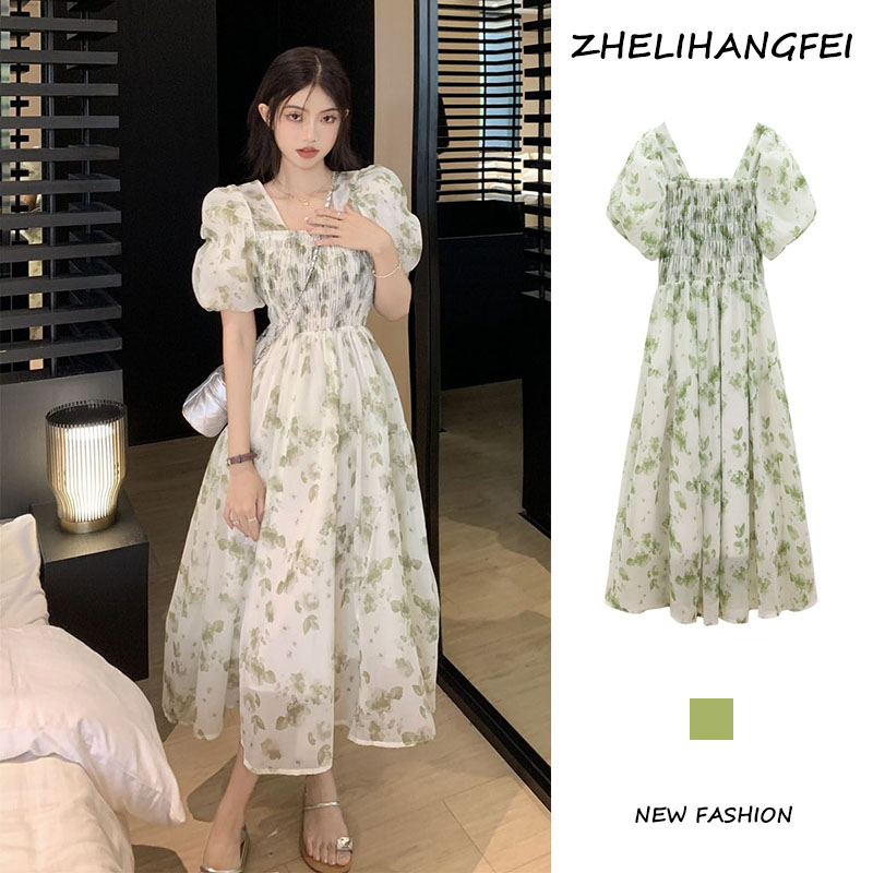 ZHELIHANGFEI Đầm Hoa Cổ Vuông Xếp Ly Chiết Eo Phong Cách Mori Cho Nữ