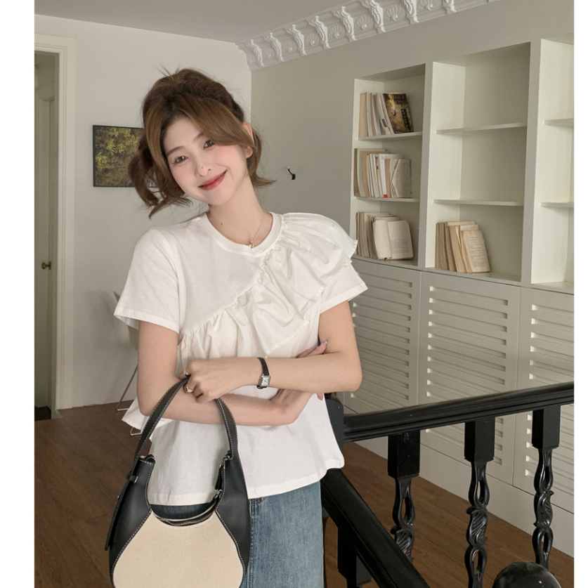 NUZIRO  Áo Thun Ngắn Tay Cổ Tròn Viền Bèo Thời Trang Cho Nữ