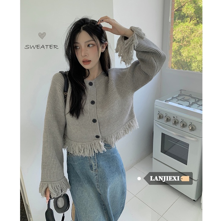 LANJIEXI Áo croptop 2023 Áo Khoác Len Nữ Dài Tay Cổ Bẻ Thời Trang Hàn Áo Cardigan Dệt Kim Cao Cấp Dáng Rộng Thiết Kế Tua Rua Phong Cách Mới Mùa Thu Cho Nữ