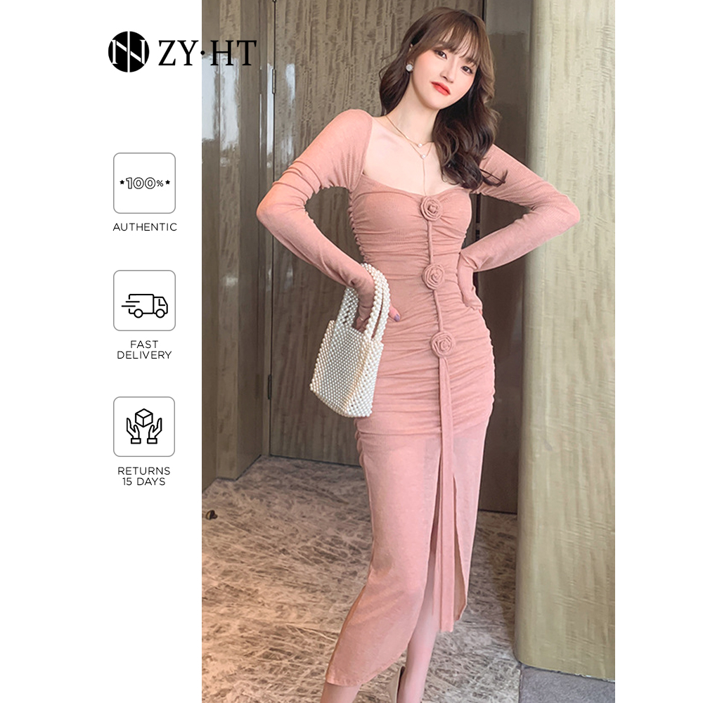 ZYHT Đầm Họa Tiết Hoa Hồng Gợi Cảm Phong Cách Hàn Quốc Nữ 4709