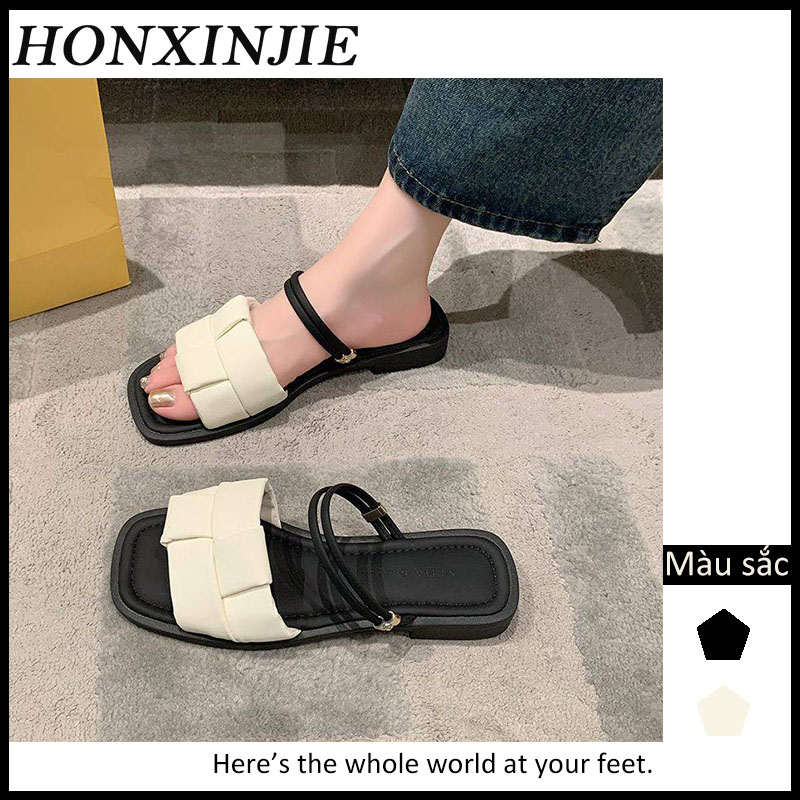 HONGXINJIE dép nữ dép sandal nữ dép quai hậu nữ 2023NEW Lưới đen trắng của khu phố thời trang retro 071430