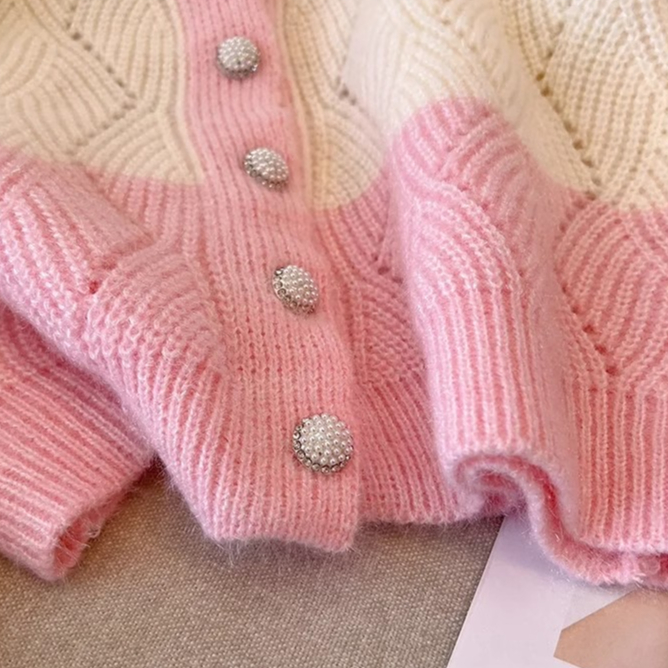 Xiaozhainv Áo Khoác Len Cardigan Tay Dài Cổ Chữ V Dáng Rộng Màu Tương Phản Thời Trang Hàn Quốc Cho Nữ