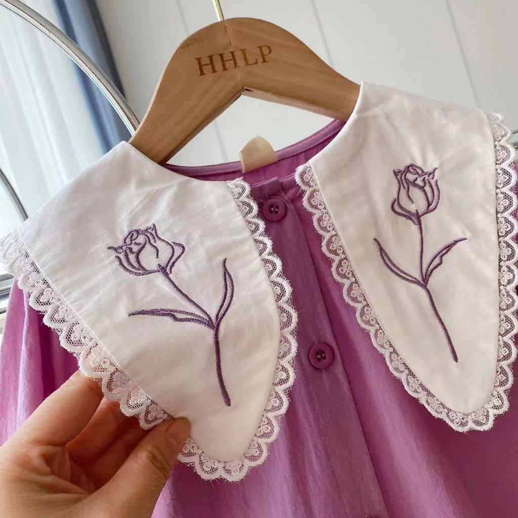 Đầm Công Chúa Tay Dài Cổ Ren Cho Bé Gái
