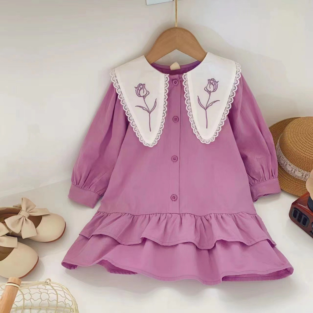 Đầm Công Chúa Tay Dài Cổ Ren Cho Bé Gái
