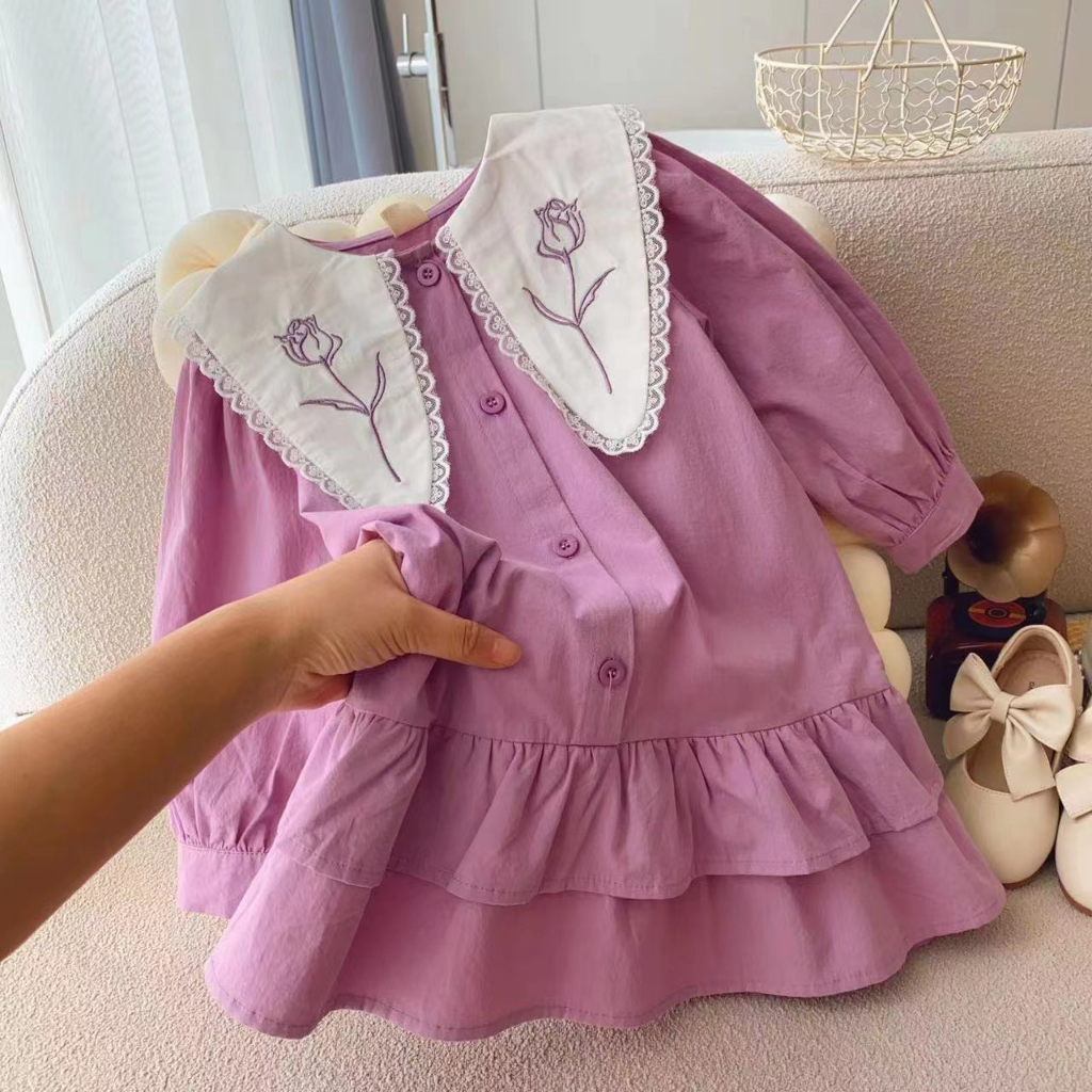 Đầm Công Chúa Tay Dài Cổ Ren Cho Bé Gái