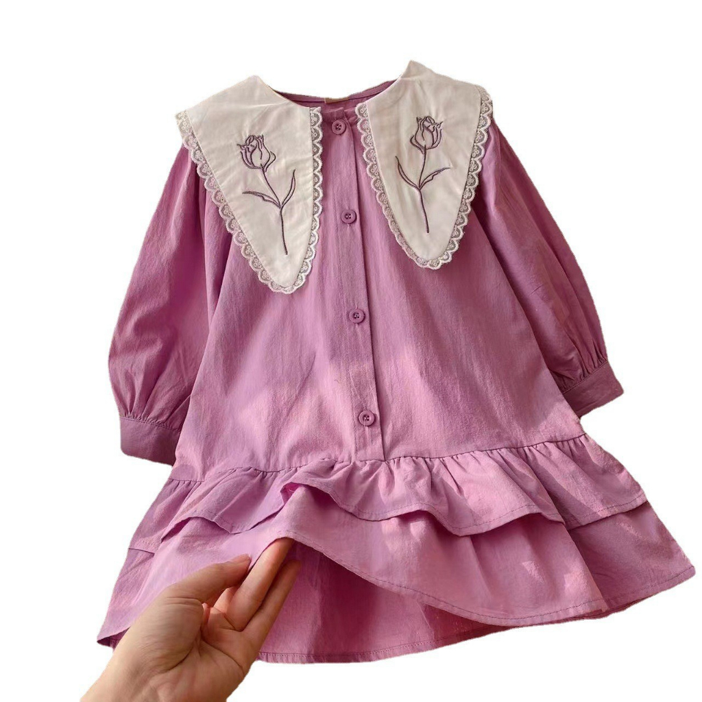 Đầm Công Chúa Tay Dài Cổ Ren Cho Bé Gái