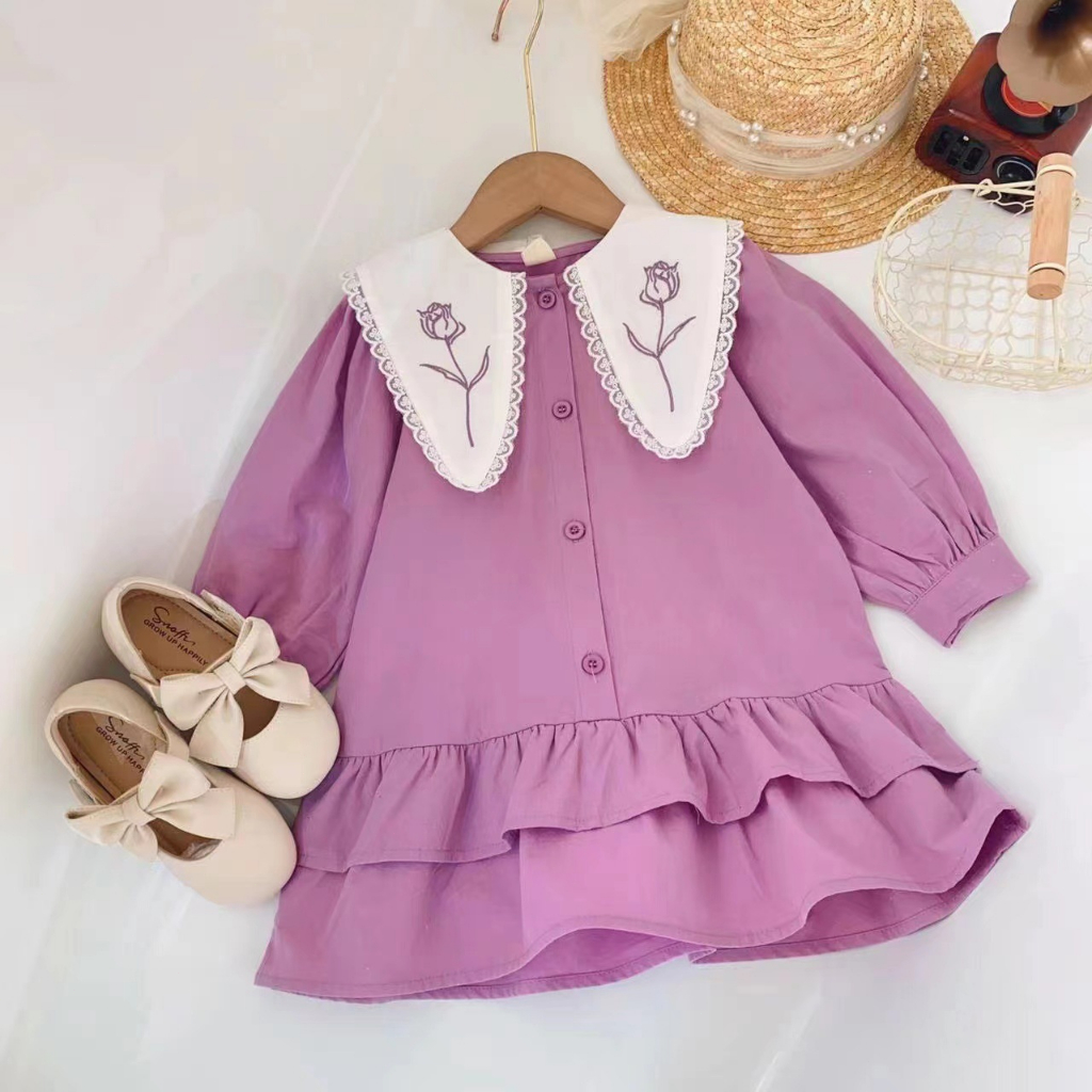 Đầm Công Chúa Tay Dài Cổ Ren Cho Bé Gái