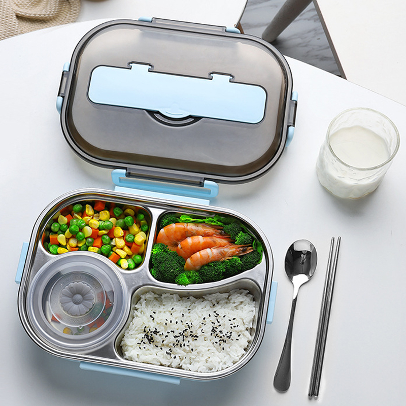 ModernHome Di Động Trẻ Em Hộp Cơm Bằng Thép Không Gỉ 304 1.3L 4 Ngăn Bento Kèm Bát Canh Đũa Thìa