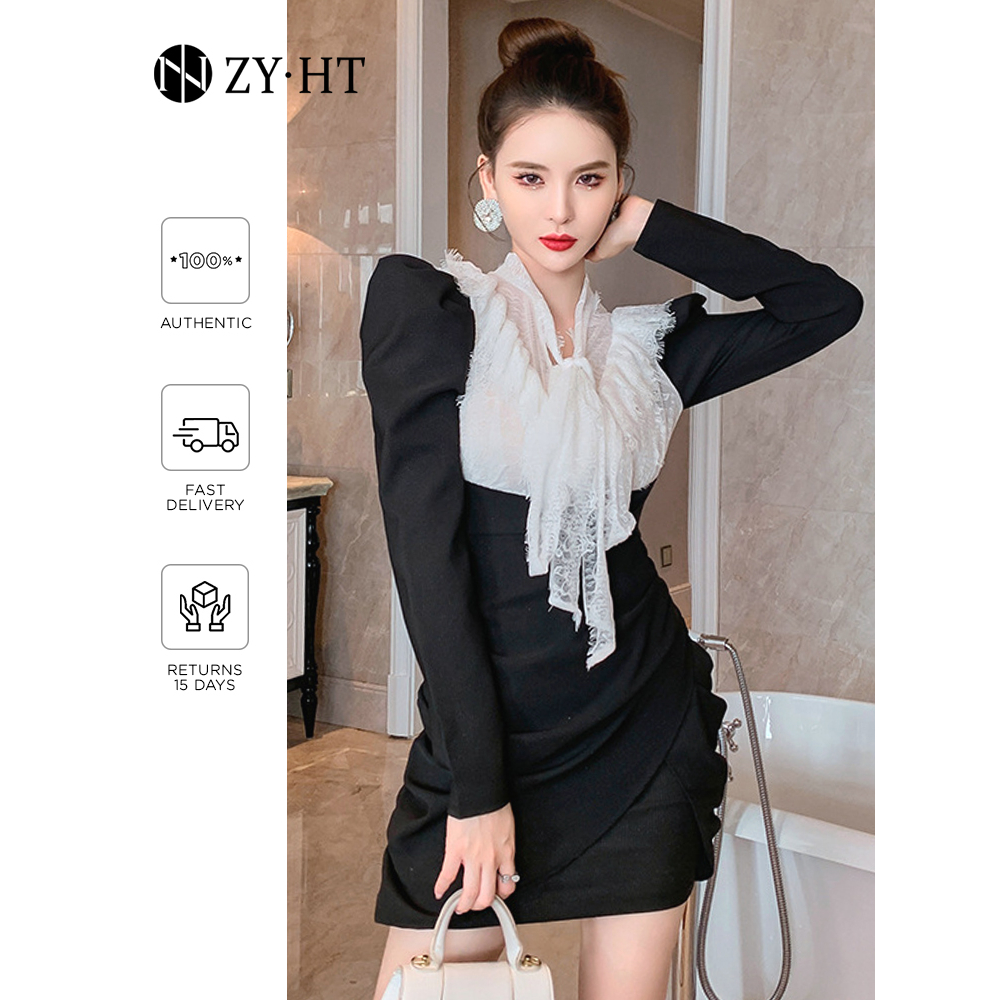 ZYHT Đầm Đen Tay Dài Phồng Phối Ren Thời Trang Dành Cho Nữ váy dạ hội 6142