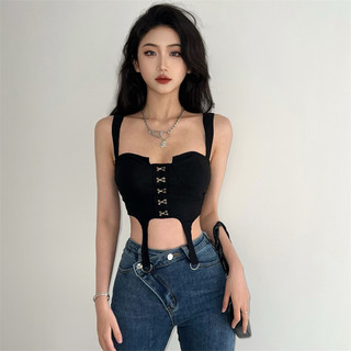 Klalien Đen Áo Không Tay Cắt Xẻ Màu Trơn Gợi Cảm Cho Nữ