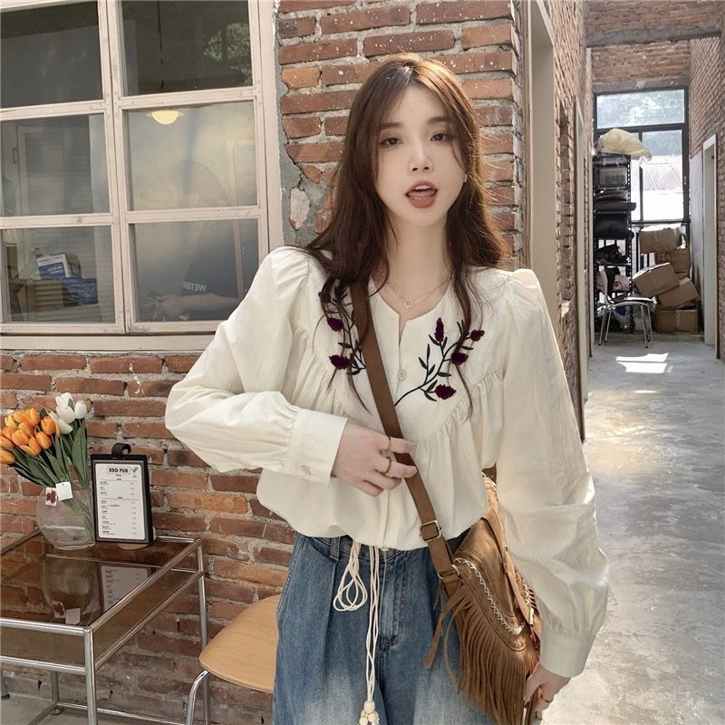 Áo Sơ Mi Dài Tay Cổ Chữ V Thêu Họa Tiết Phong Cách vintage Cho Nữ