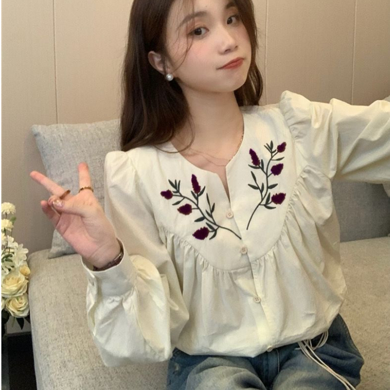 Áo Sơ Mi Dài Tay Cổ Chữ V Thêu Họa Tiết Phong Cách vintage Cho Nữ