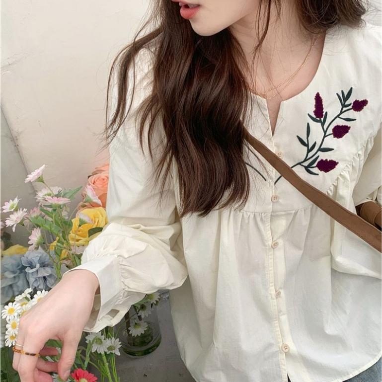 Áo Sơ Mi Dài Tay Cổ Chữ V Thêu Họa Tiết Phong Cách vintage Cho Nữ