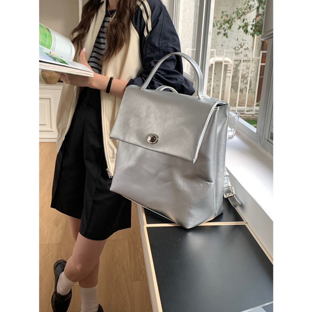 Balo JUSTSTAR sức chứa lớn kết cấu bạc đơn giản thời trang Hàn Quốc dễ phối đồ cho học sinh