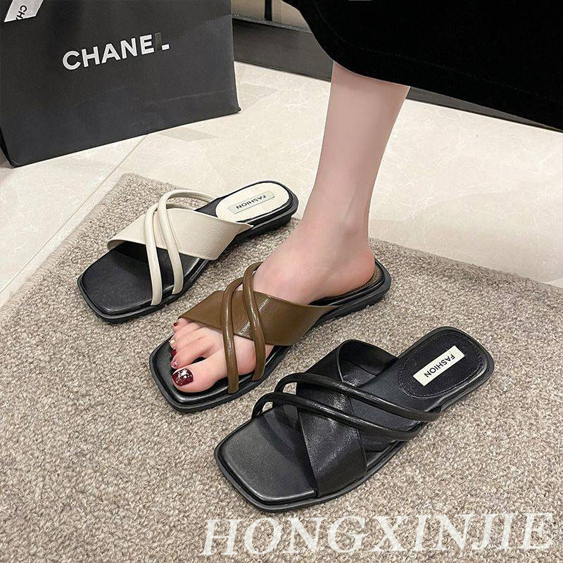 HONGXINJIE dép nữ dép sandal nữ dép quai hậu nữ 2023NEW Lưới đen trắng của khu phố thời trang retro 071422