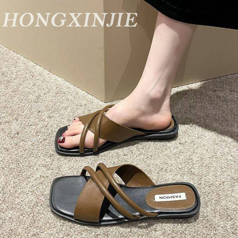 HONGXINJIE dép nữ dép sandal nữ dép quai hậu nữ 2023NEW Lưới đen trắng của khu phố thời trang retro 071422
