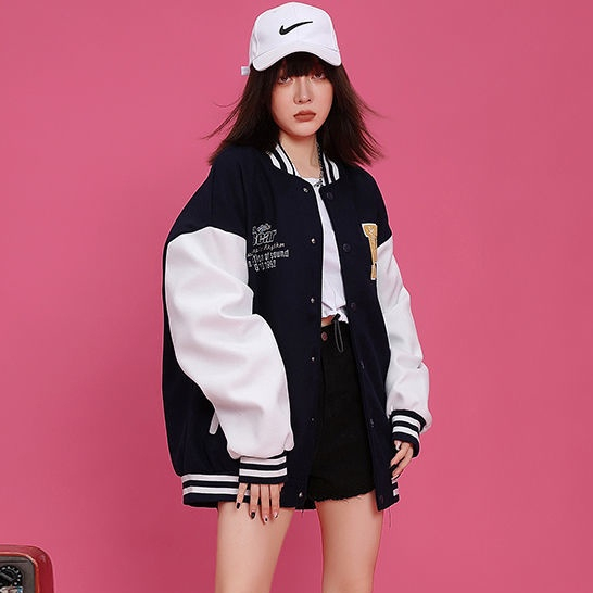 Áo Khoác Bóng Chày Dáng Rộng Màu Đen Thời Trang Thu Đông Cá Tính Áo khoác nữ